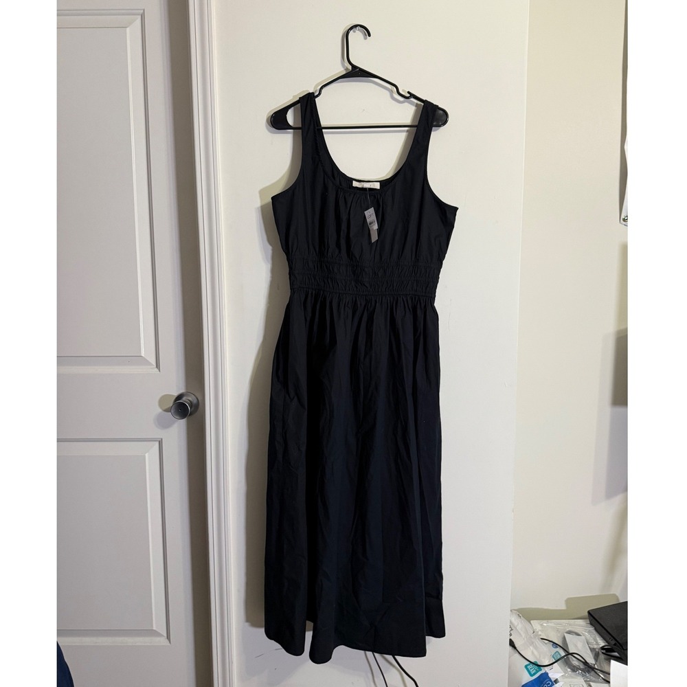 LOFT Maxi Dress L Black Smocked Waist Poplin Minimalist Capsule Wardrobe Chic
